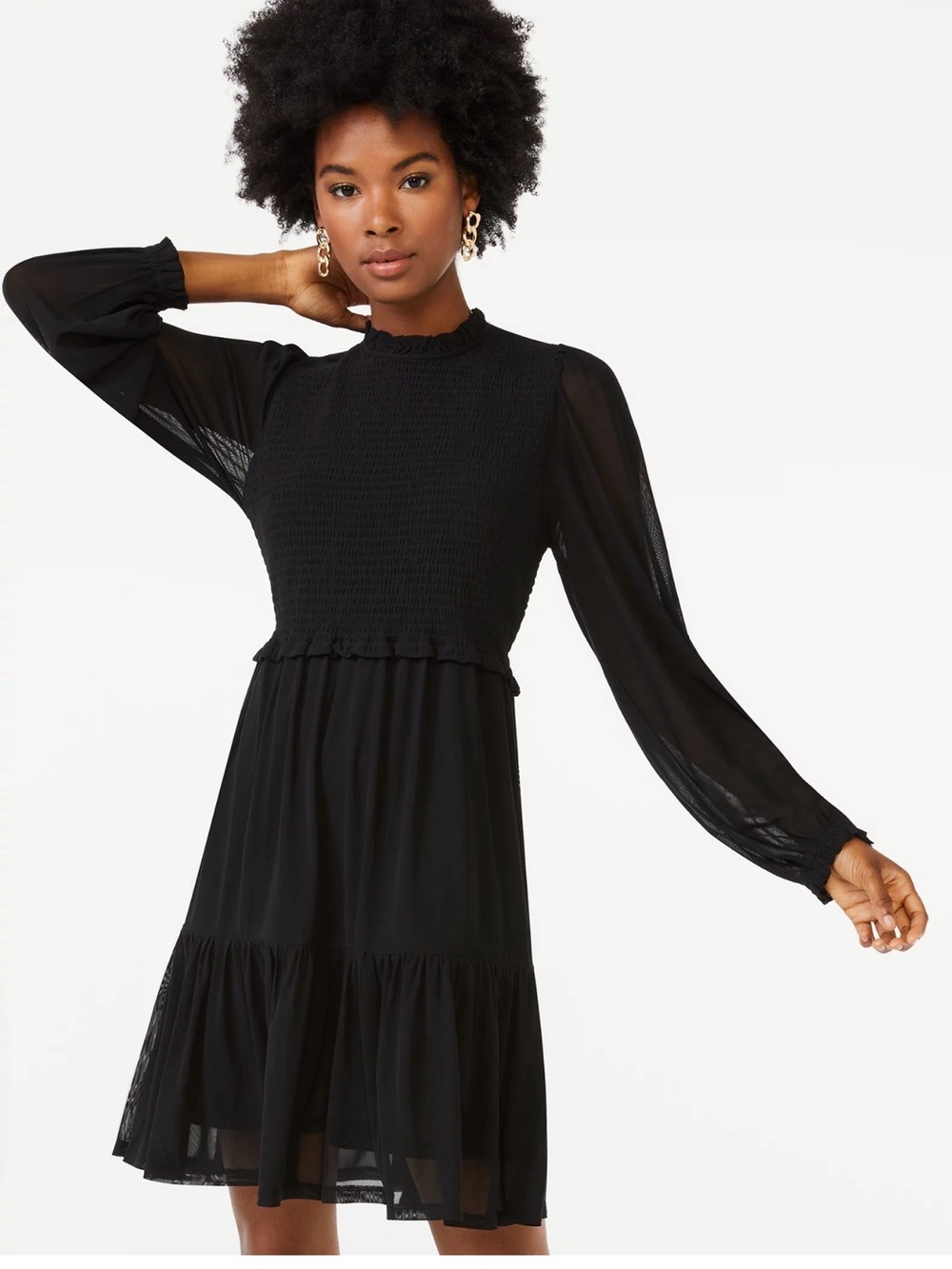Scoop Walmart collaboration Black Long-Sleeve Smocked Tiered Mini Dress NWT M